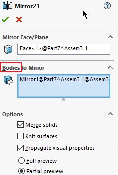 SolidWorks, Mirror Feature, Bodies to Mirror