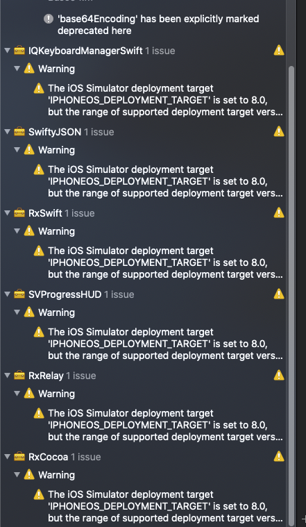xcode 一些三方库版本警告 iOS Simulator deployment target 'IPHONEOS_DEPLOYMENT_TARGET' is set to 8.0, but the range of supported deployment target versions is 9.0 to 14.2.99.第1张