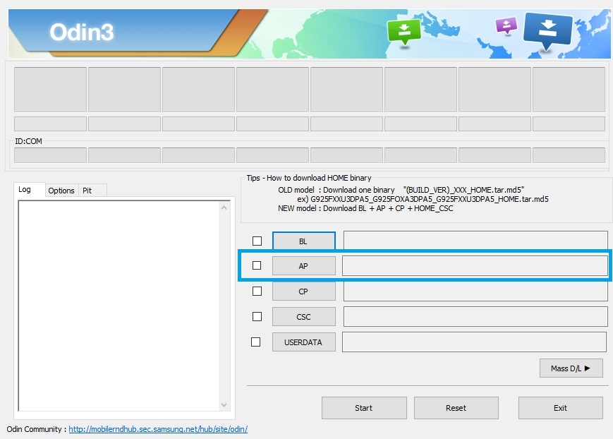 Odin Flash tool select AP
