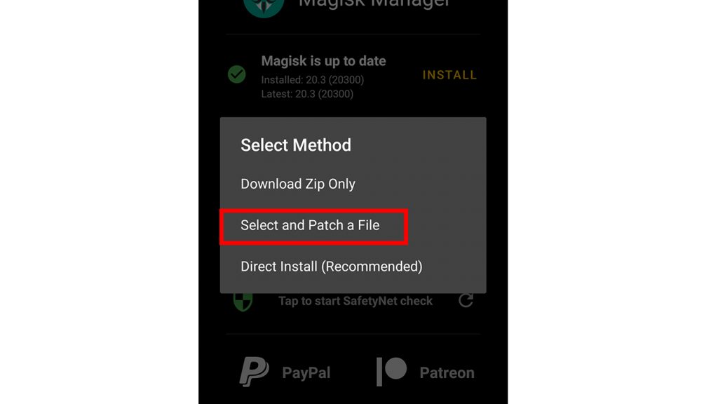 Magisk Select and Patch Boot.img file