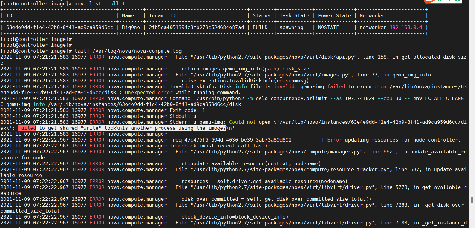 OpenStack Failed To Get Shared write Lock Is Another Process Using The Image 