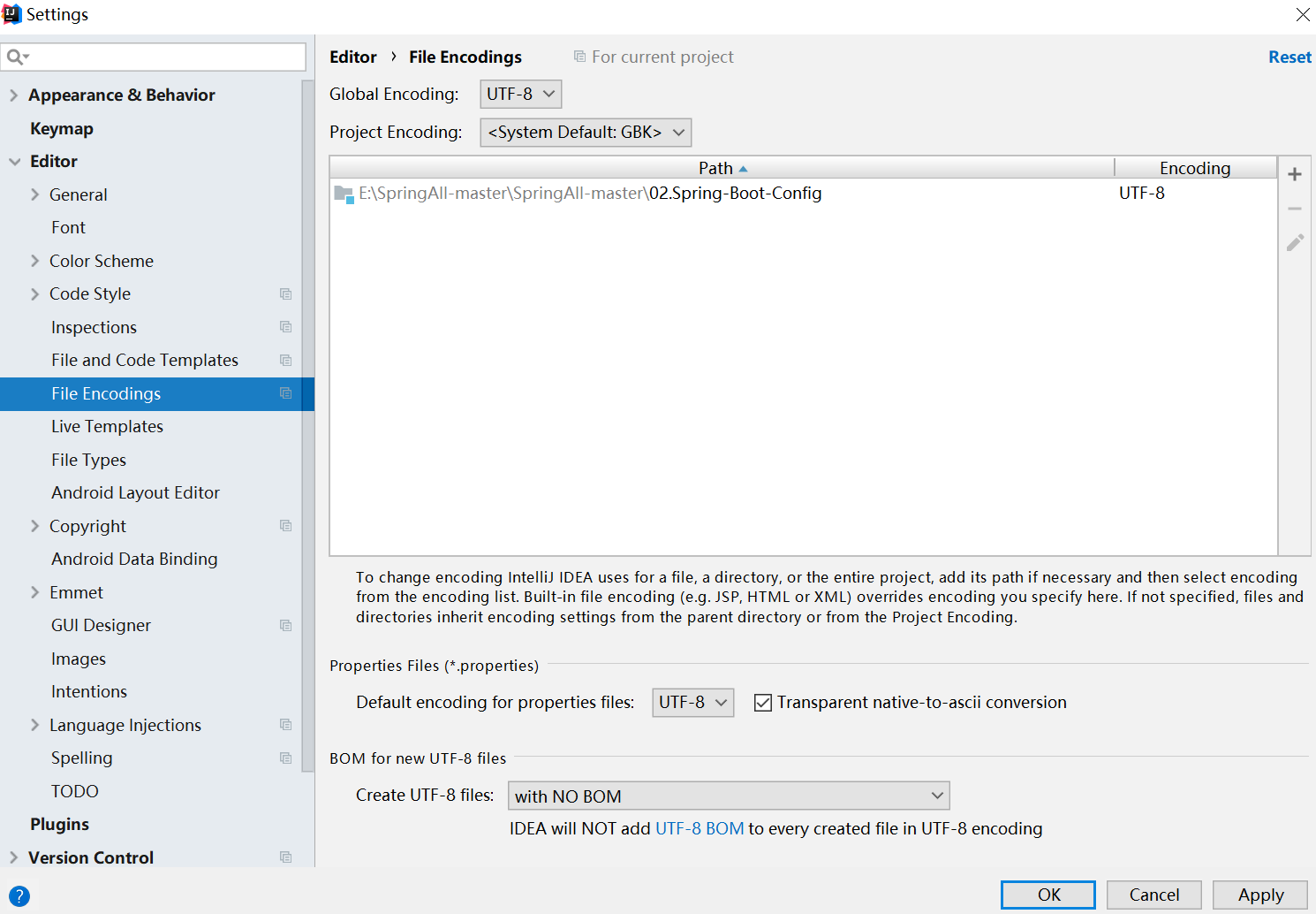 Encoding default. Spring config example.