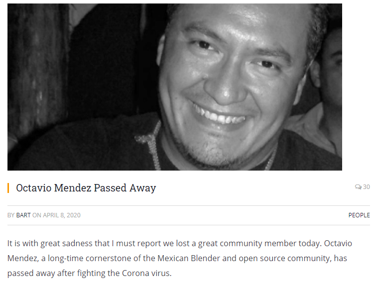 墨西哥 Blender 论坛创始人 Octavio Mendez 感染新冠去世