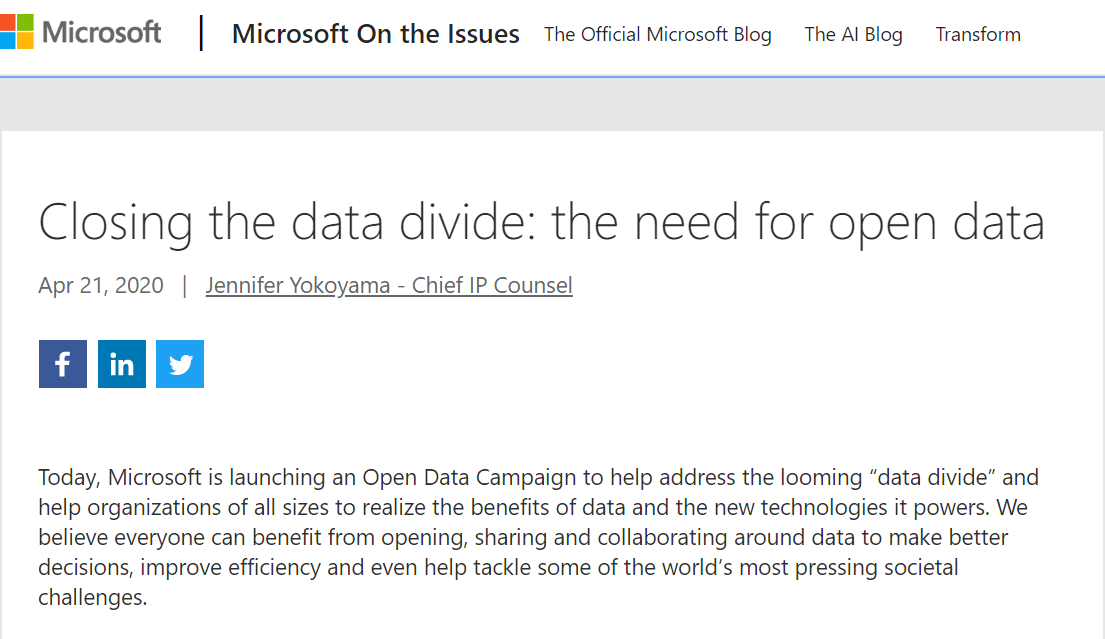 微软发起“开放数据运动”，旨在解决“数据鸿沟”