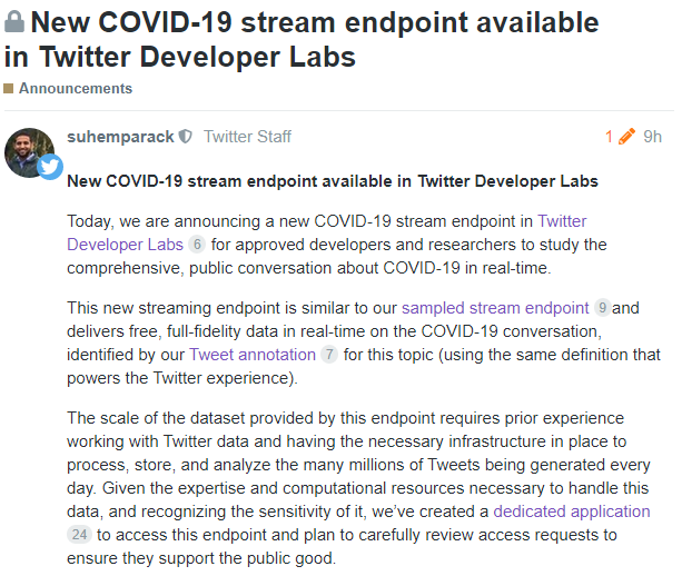 Twitter更新平台API 允许开发者实时研究COVID-19话题动向