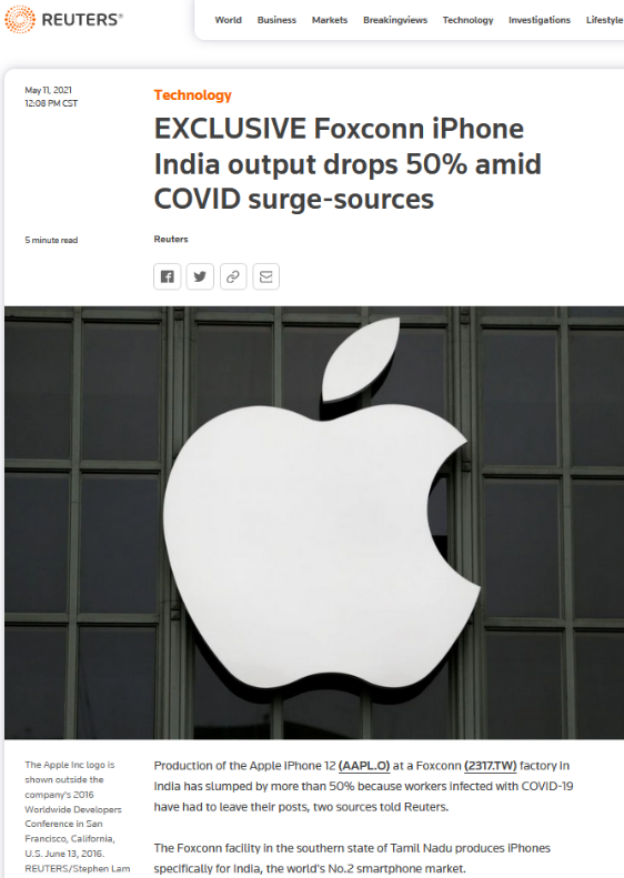 印度疫情崩盘苹果/富士康也崩溃了三四年内无解