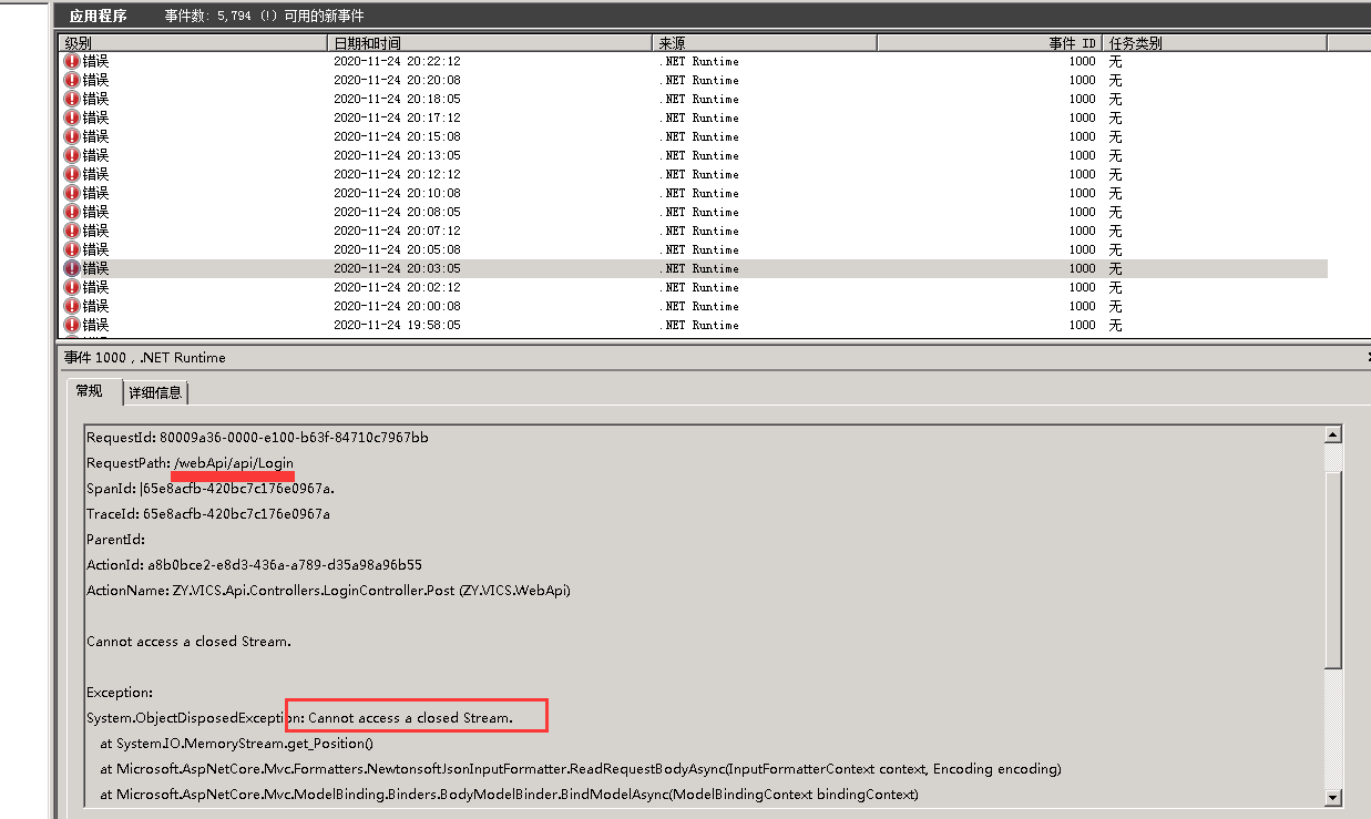 asp core IIS Cannot access a closed Stream